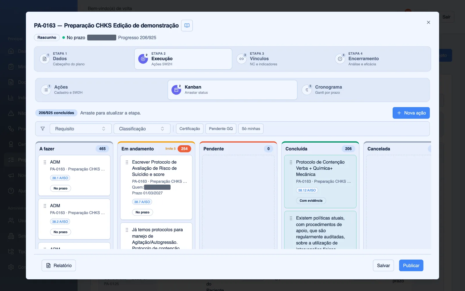 Kanban das ações de preparação, ligadas aos requisitos do manual.