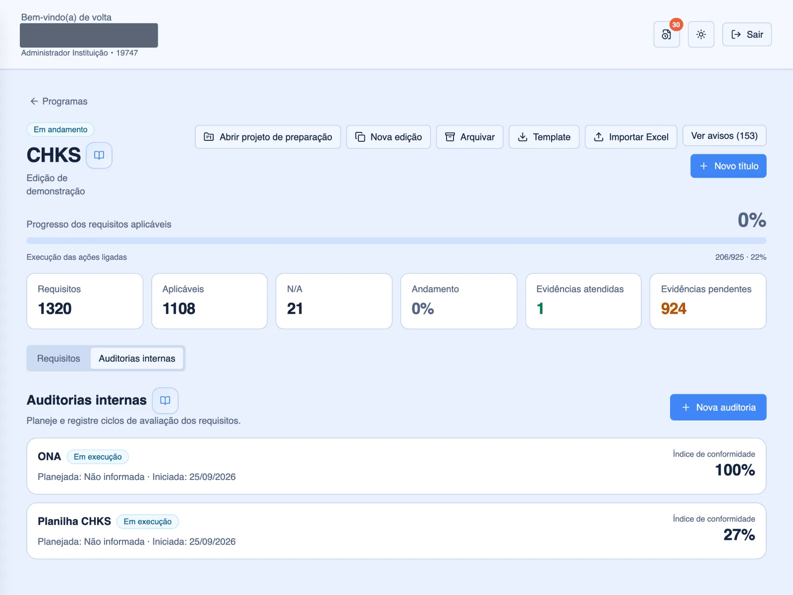 Auditoria interna: cada item Conforme, Não conforme ou Observação