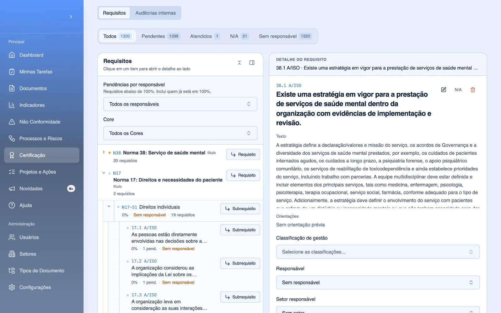 Detalhe do requisito, com os campos de responsável e setor.