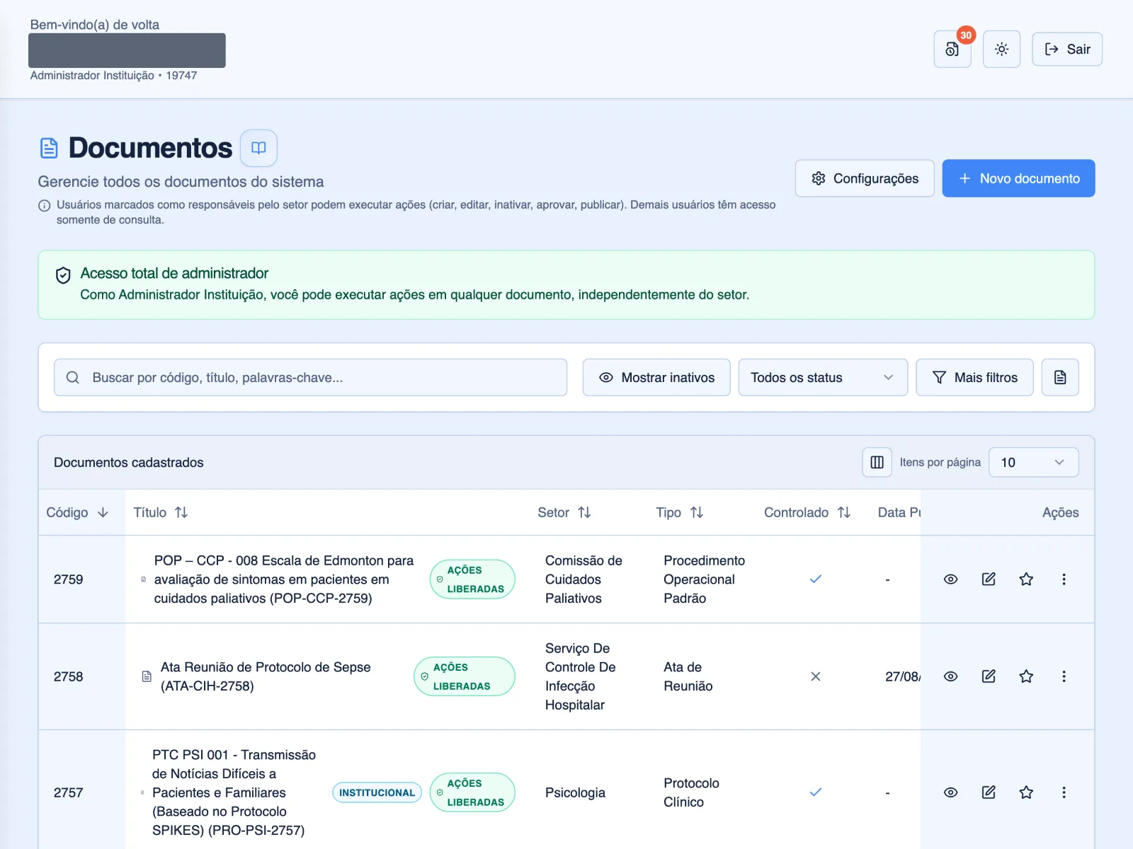 Lista de documentos com código, tipo, setor, status e vencimento