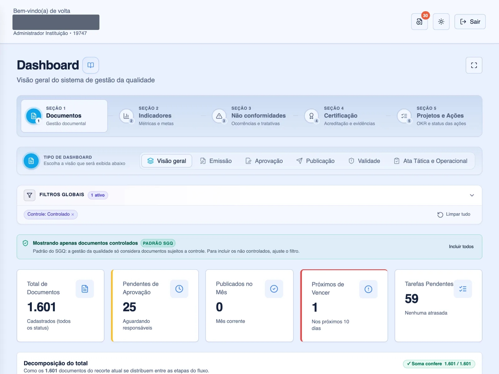 Dashboard de Documentos: totais, pendentes de aprovação e próximos de vencer
