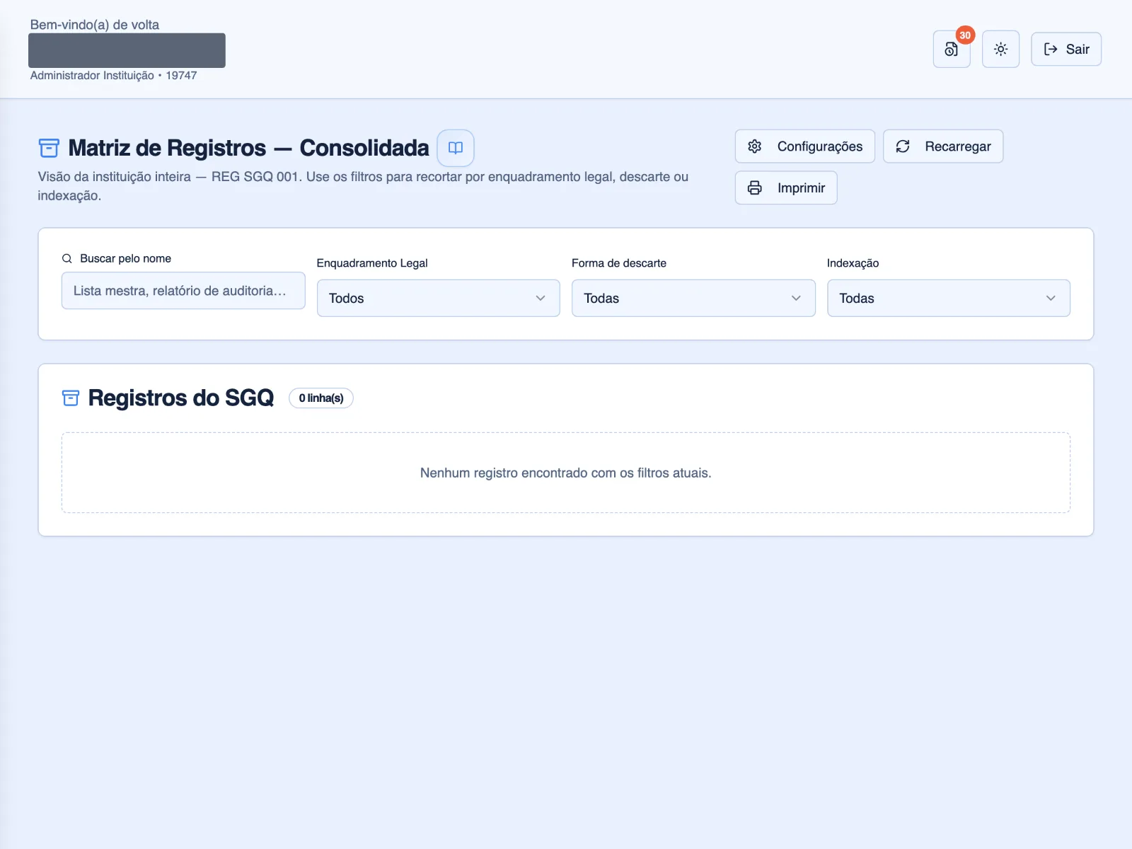 Matriz consolidada com retenção, local, descarte e base legal de cada registro