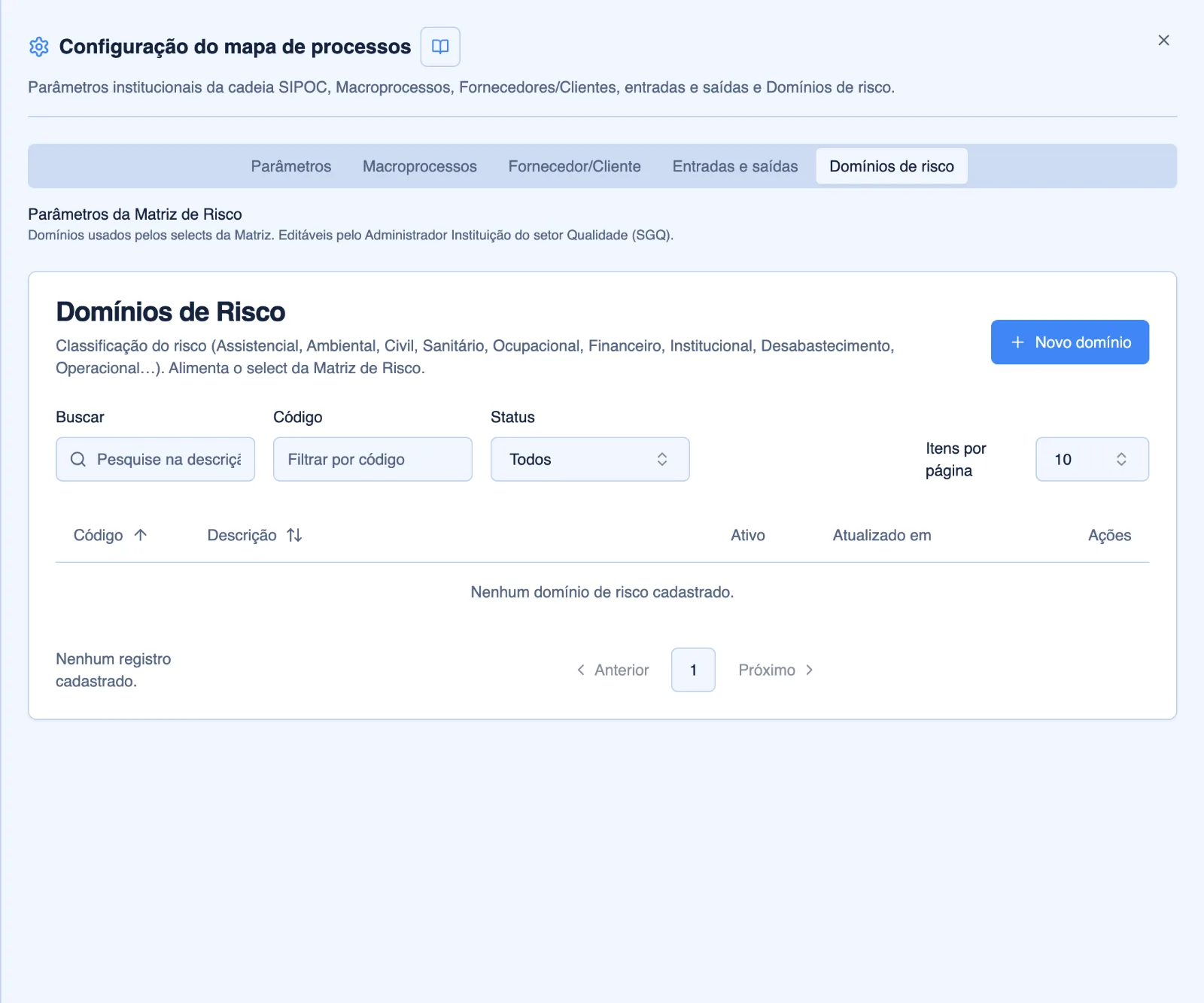Cadastro de domínios de risco nas configurações do mapa